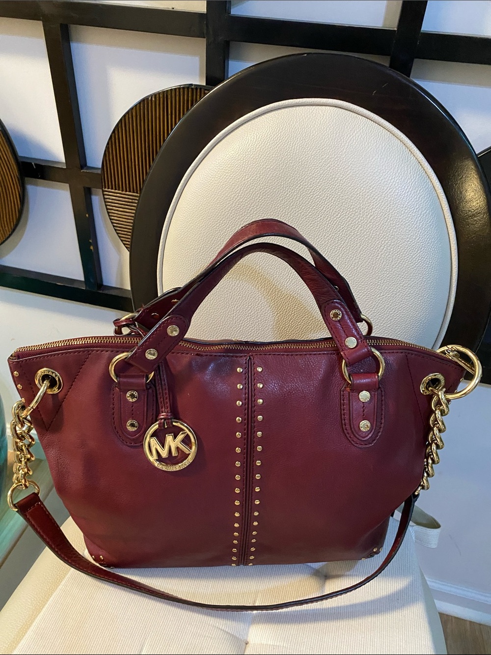 Michael Kors Wine Leather Shoulder Bag with Gold Hardware
